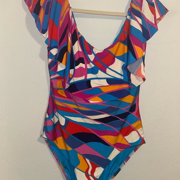 Trina Turk Red and Pink One Piece Swimsuit with Ruffle Sleeves - Picture 1 of 4